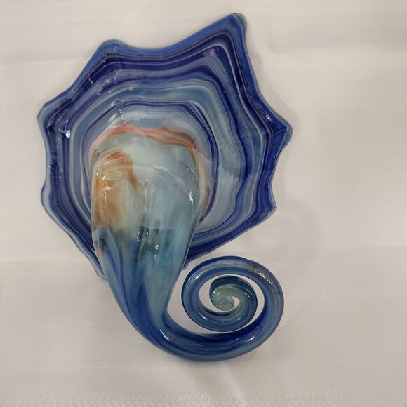 Sooner Bubble Art Glass Blue Free Form Cornucopia Candy Dish Hand Blown USA - Picture 7 of 14